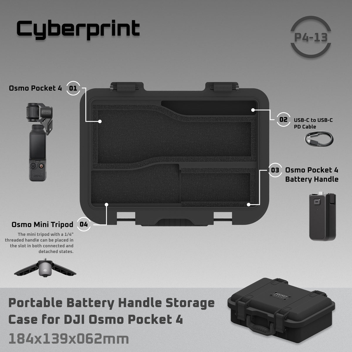 Cyberprint P413 Portable Battery Handle Storage 3D Printed Case for DJI Osmo Pocket 4